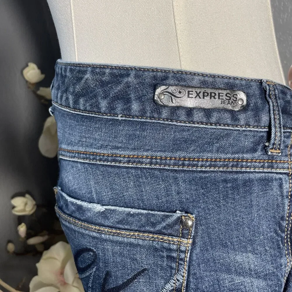 Express Bootcut Jeans Womens 12 Blue Y2K Embroidered Denim Western Low Rise